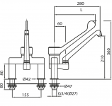 Zweiloch-MIX-Einhebelmischer mit langem Griff, Standrohre 80 mm und Schwenkauslauf * 280 mm