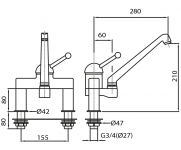 Zweiloch-MIX-Einhebelmischer mit kurzem Griff, Standrohre 80 mm und Schwenkauslauf * 280 mm