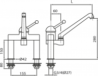 Zweiloch-MIX-Einhebelmischer mit kurzem Griff, Standrohre 150 mm und Schwenkauslauf * 280 mm